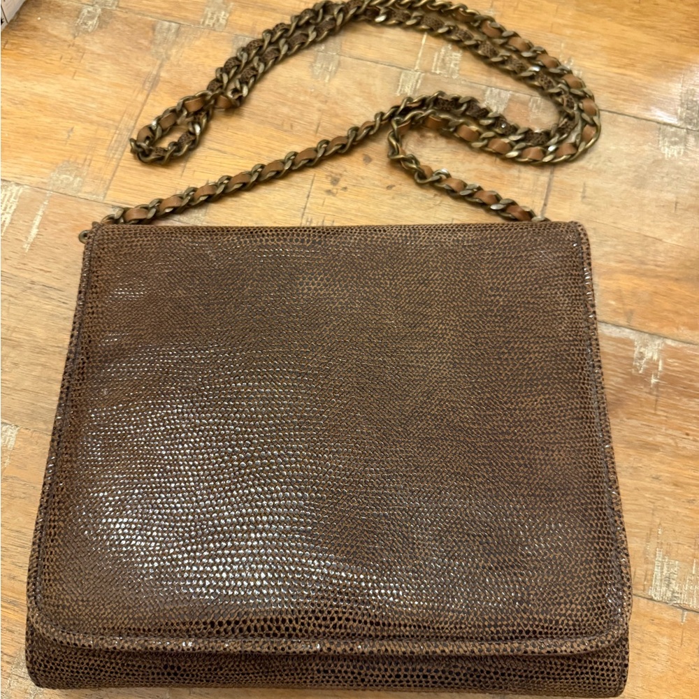 Stuart Weitzman Leather Brown Textured Chain-Strap Crossbody